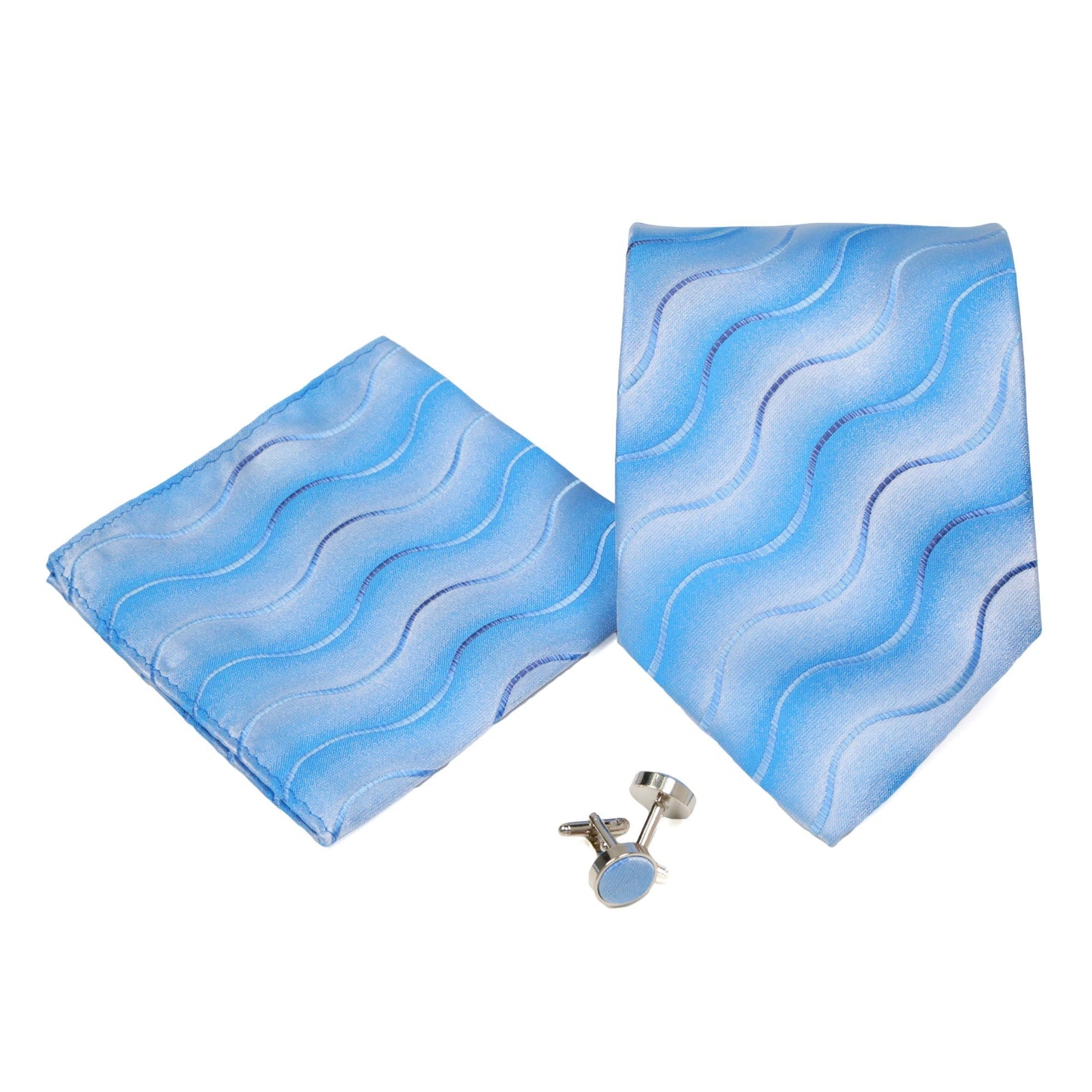 Men's Light Blue Wavy Pattern Design 4-pc Necktie Box Set