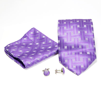 Men's Shiny Purple Cross Hatched Design 4-pc Necktie Box Set