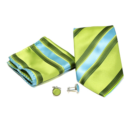 Men's Shiny Green-Turquoise Striped Design 4-pc Necktie Box Set