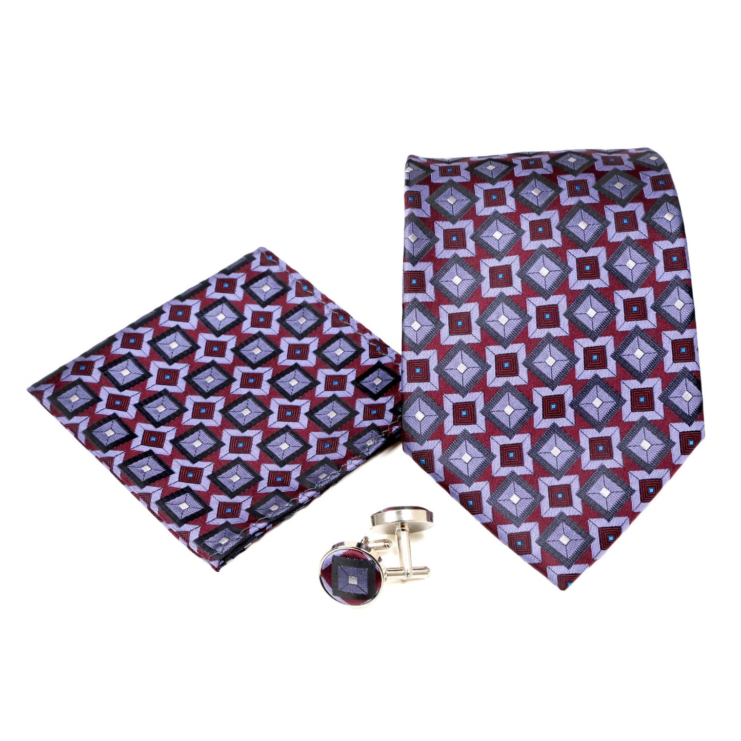 Men's Purple Squared Pattern Design 4-pc Necktie Box Set