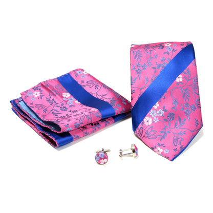 Men's Fuchsia-Royal Blue Floral Striped Design 4-pc Necktie Box Set