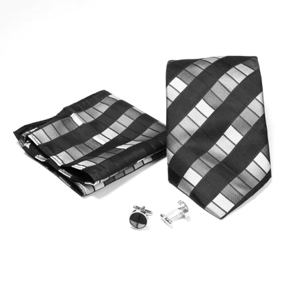 Men's Shiny Black& White Cross-Striped Design 4-pc Necktie Box Set