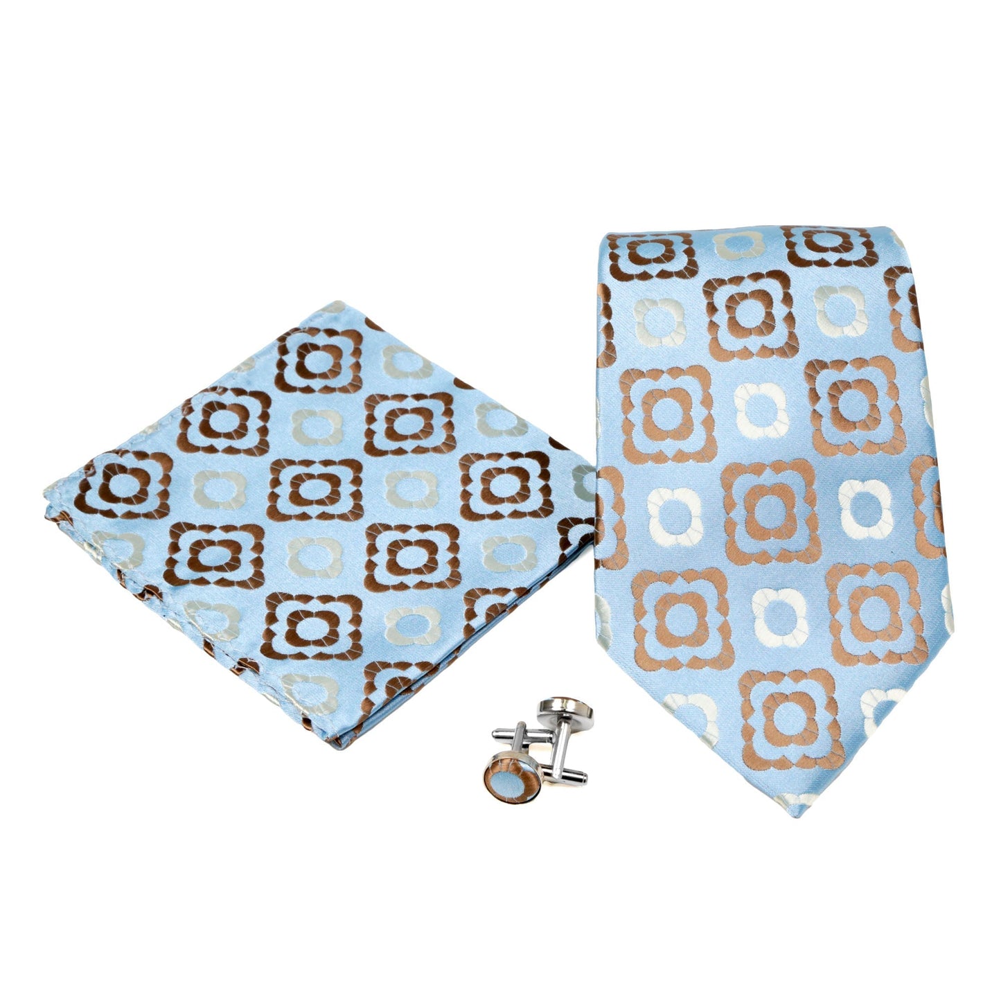 Men's Light Blue-Brown Geometric Pattern Design 4-pc Necktie Box Set