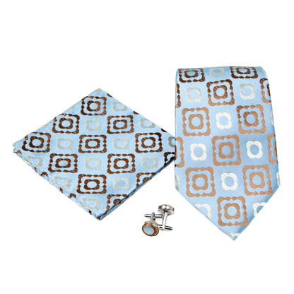 Men's Light Blue-Brown Geometric Pattern Design 4-pc Necktie Box Set