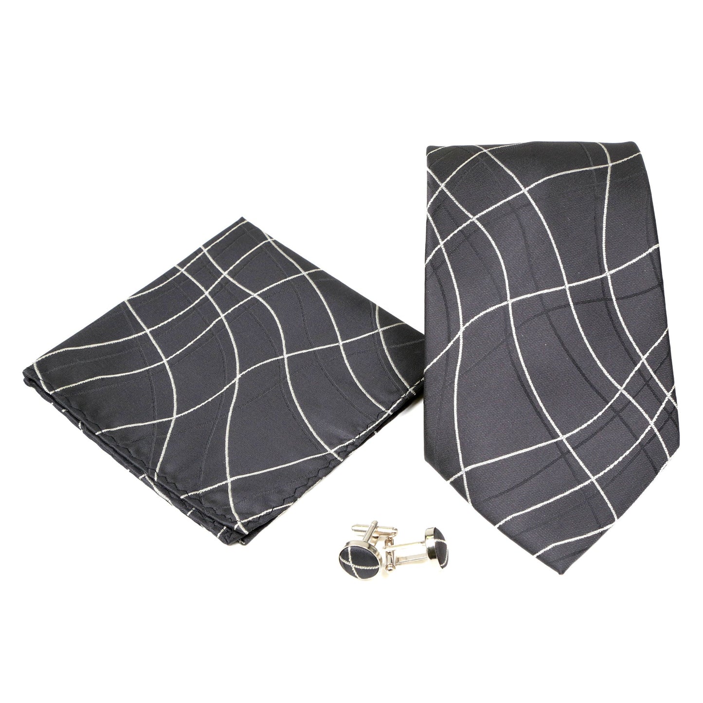 Men's Black-White Wavy String Pattern Design 4-pc Necktie Box Set