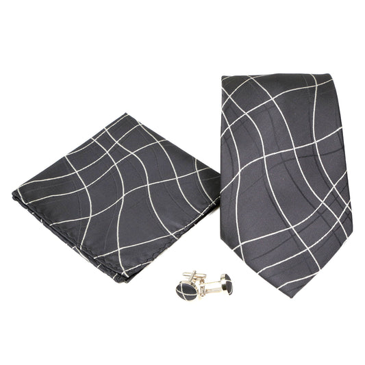 Men's Black-White Wavy String Pattern Design 4-pc Necktie Box Set