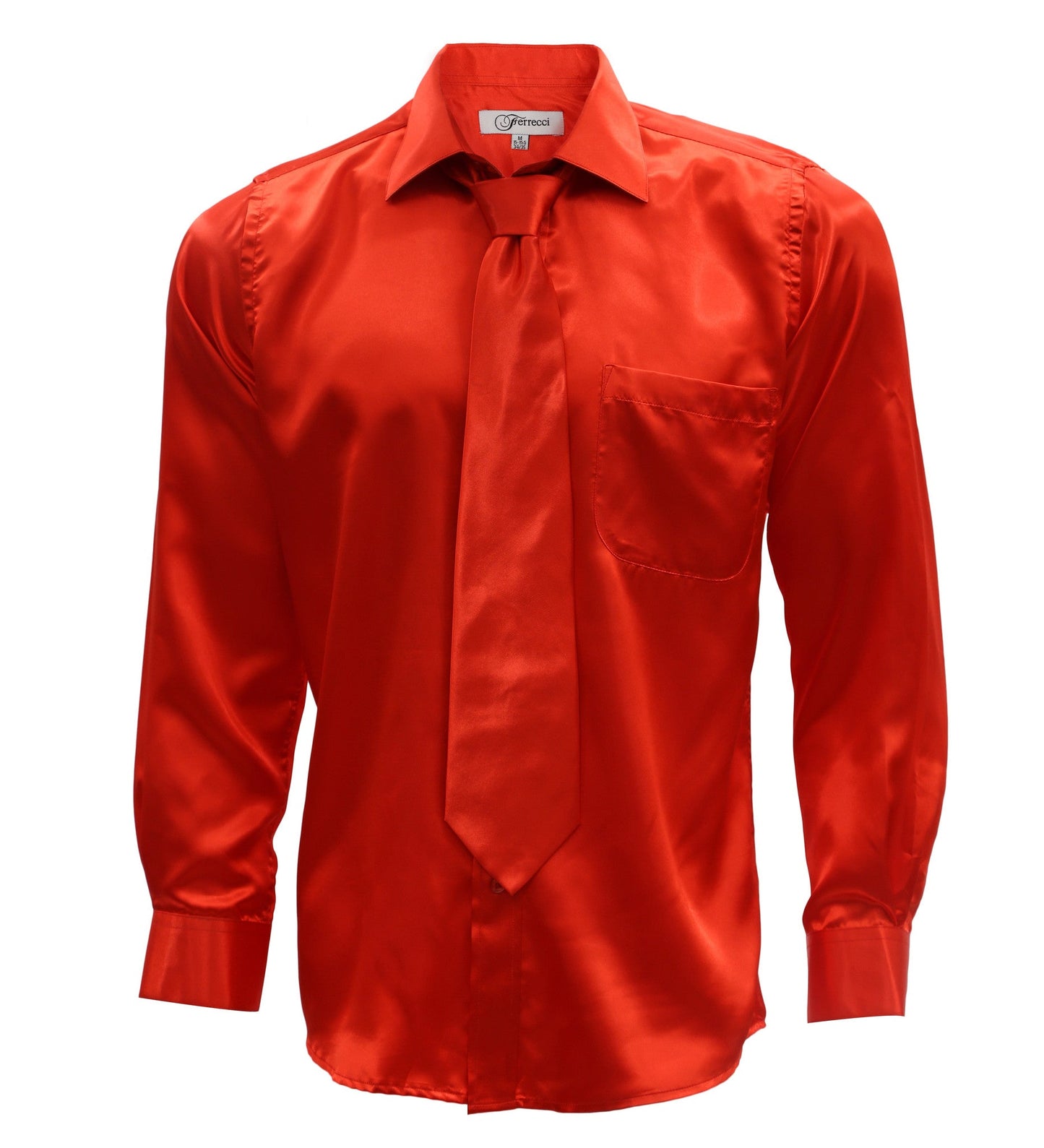 Burnt Red Satin Regular Fit Dress Shirt, Tie & Hanky Set