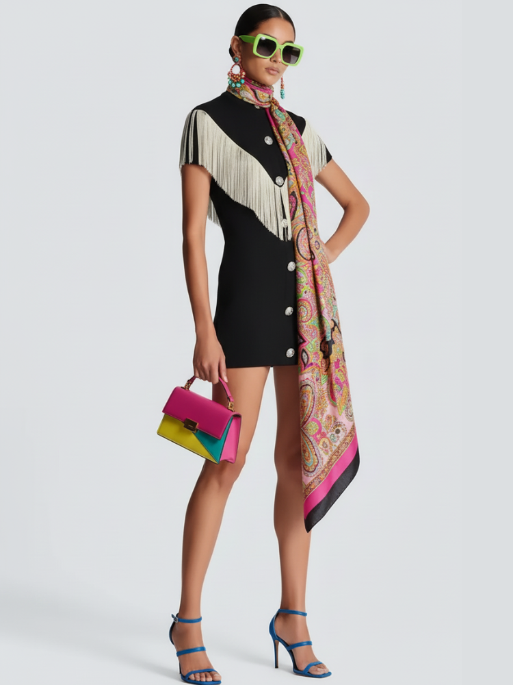 Minivestido Negro Ajustado con Botones y Borlas para Mujer, Meatpacking District, BYMANYC Nueva York.