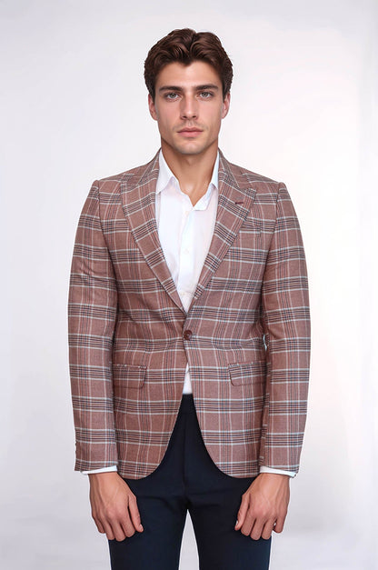 Checked Single Button Burgundy Men Blazer - Wessi