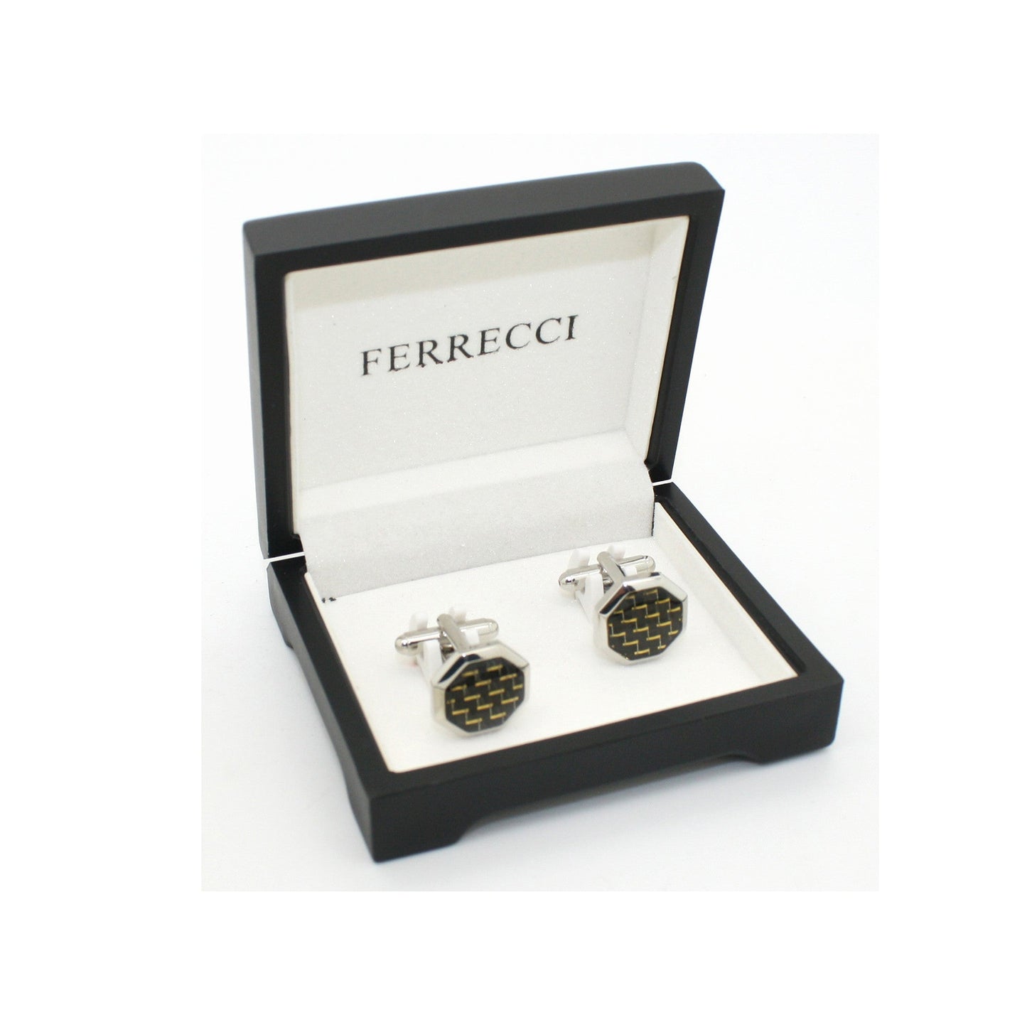 Silvertone Criss Cross Polygon Cuff Links With Jewelry Box