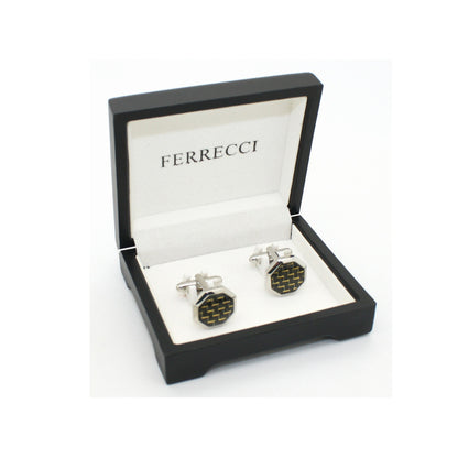 Silvertone Criss Cross Polygon Cuff Links With Jewelry Box
