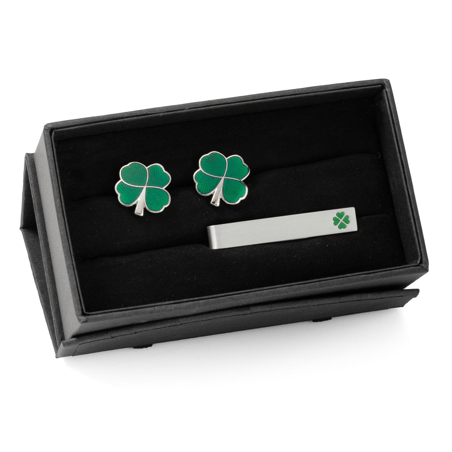 Conjunto de regalo de gemelos y pasacorbatas Trébol Verde