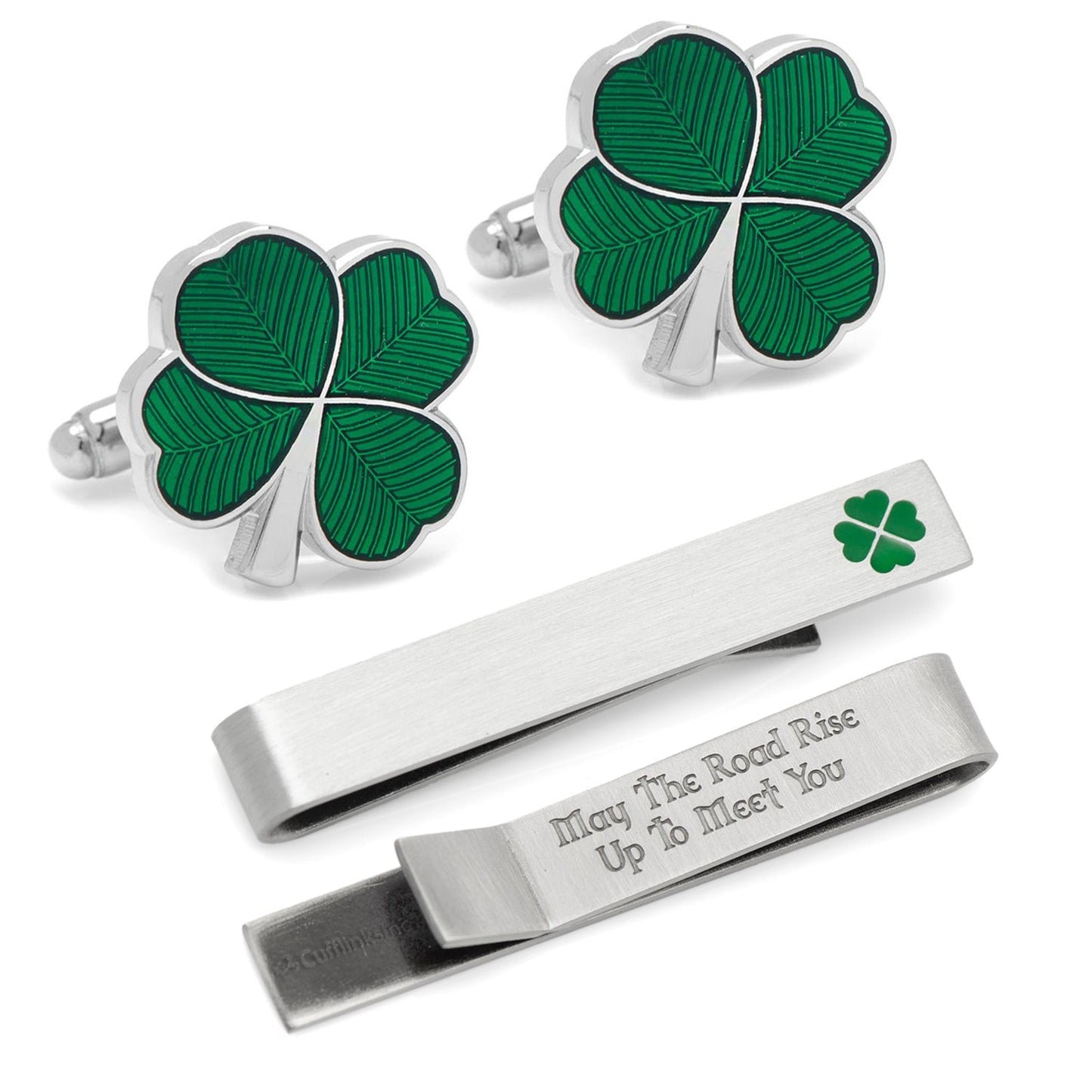 Conjunto de regalo de gemelos y pasacorbatas Trébol Verde