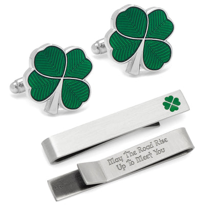 Conjunto de regalo de gemelos y pasacorbatas Trébol Verde