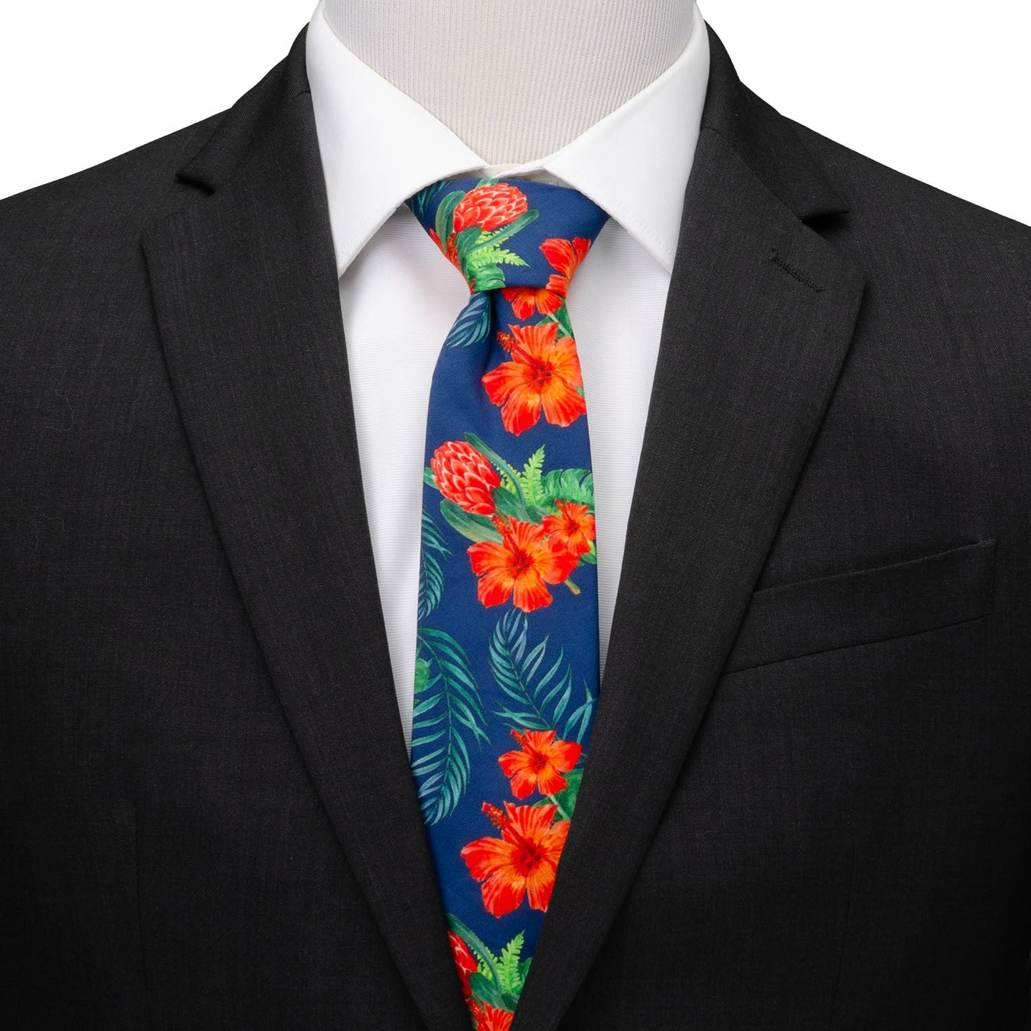 Corbata de hombre azul marino con hibisco tropical