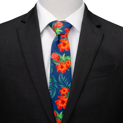 Corbata de hombre azul marino con hibisco tropical