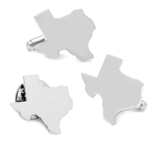 Juego de regalo de mancuernillas y pin de solapa Texas de plata