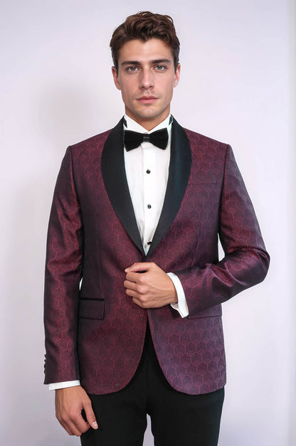 Pentagon Patterned Shawl Lapel Burgundy Men Dinner Jacket - Wessi