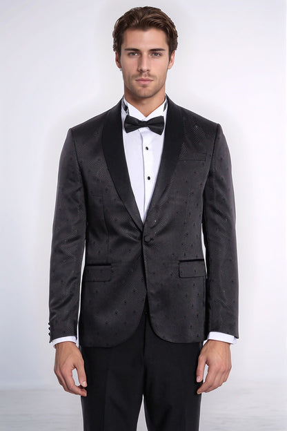 Dot Patterned Slim Fit Black Men Tuxedo Jacket - Wessi