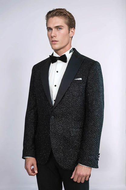 Gingham Patterned Glitter Black Men Party Blazer - Wessi