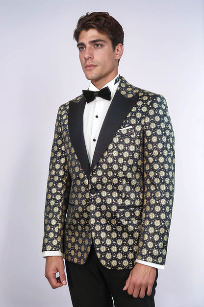 Floral Patterned Peak Lapel  Navy Blue with Gold Embellished Dinner Jacket - Wessi