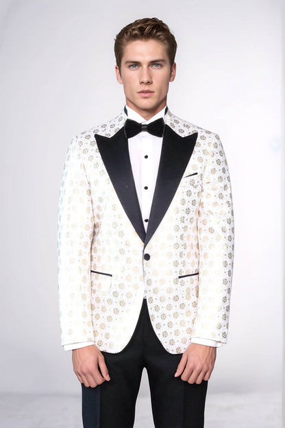 Floral Patterned Peak Lapel White Men Wedding Tuxedo Blazer - Wessi