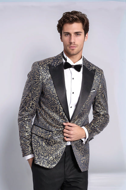 Feather Patterned Slim Fit Navy Blue Men Dinner Jacket - Wessi