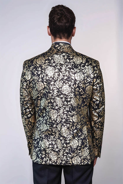 Gold Rose Patterned Slim Fit Black Men Singer Tuxedo Blazer - Wessi