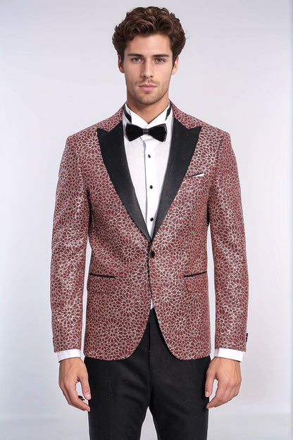 Flower Embroidered Pattern Burgundy Men Tuxedo Blazer - Wessi
