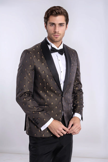 Shawl Lapel Gold Dot Patterned Over Black Men Tuxedo Blazer - Wessi