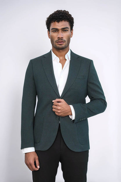 Textured Slim Fit Notch Lapel Green Men Blazer - Wessi