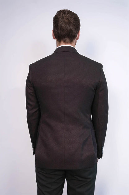 Houndstooth Patterned Burgundy Men Double Breasted Blazer - Wessi