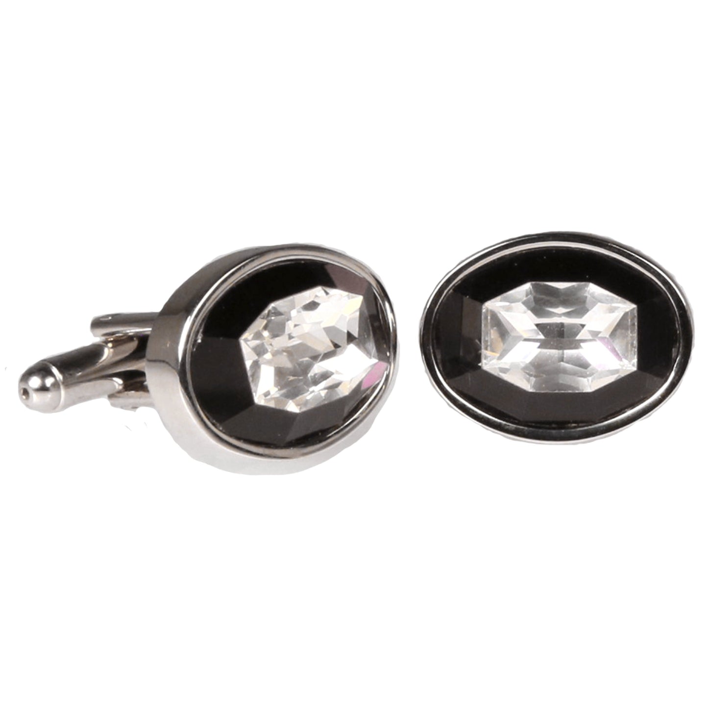 Silvertone Circle Black Stone Cufflinks with Jewelry Box