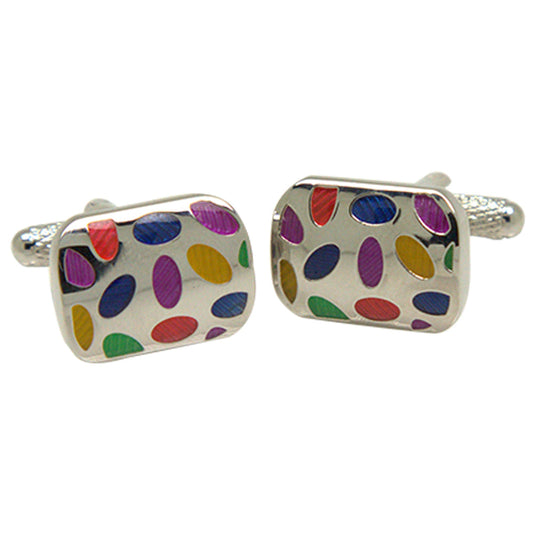 Silvertone Square Multicolor Dots Cufflinks with Jewelry Box