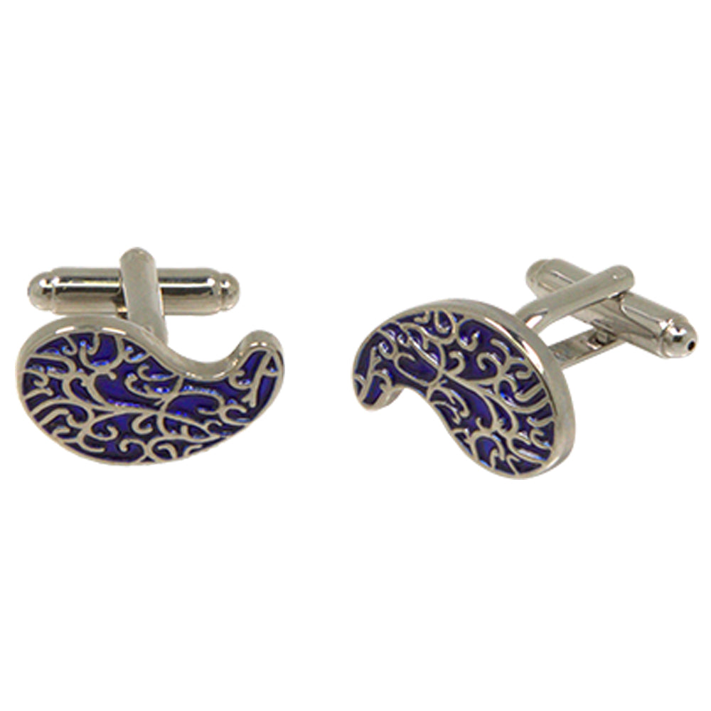 Silvertone Novelty Blue Paisley Cufflinks with Jewelry Box
