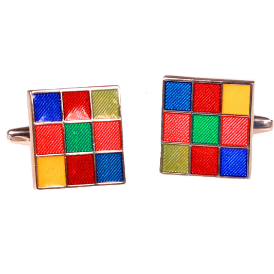 Silvertone Square Multicolor Cufflinks with Jewelry Box