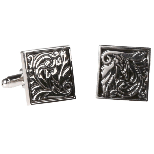 Silvertone Square Geometric Pattern Cufflinks with Jewelry Box