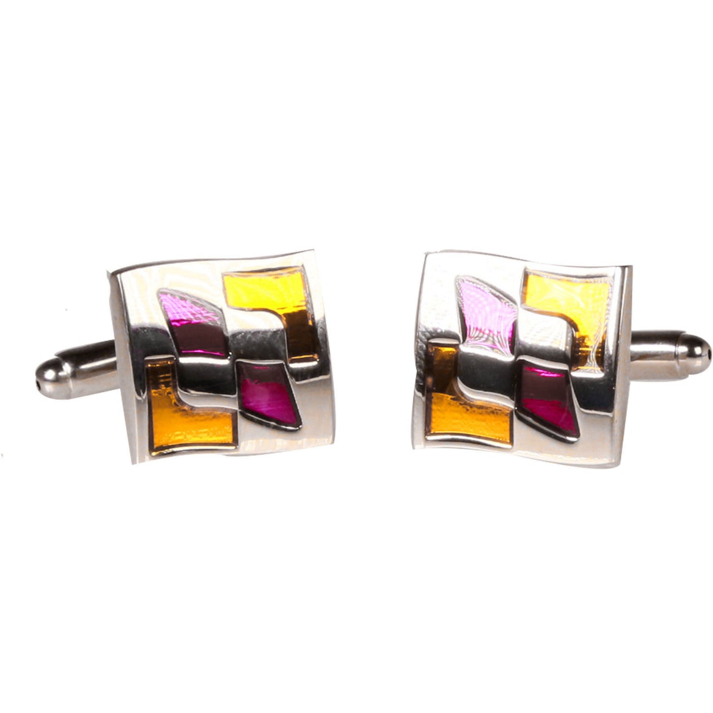 Silvertone Square Gold Purple Pattern Cufflinks with Jewelry Box