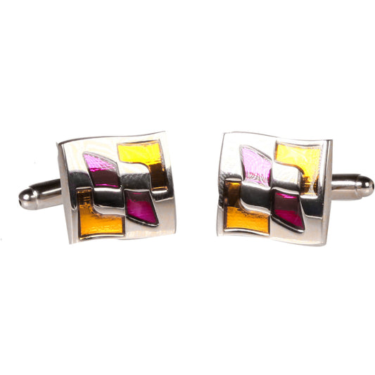Silvertone Square Gold Purple Pattern Cufflinks with Jewelry Box