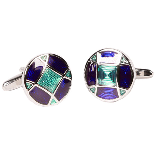 Silvertone Circle Blue Geometric Cufflinks with Jewelry Box