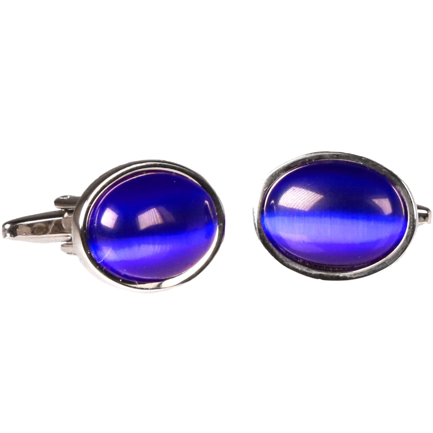 Silvertone Circle Blue Gemstone Cufflinks with Jewelry Box