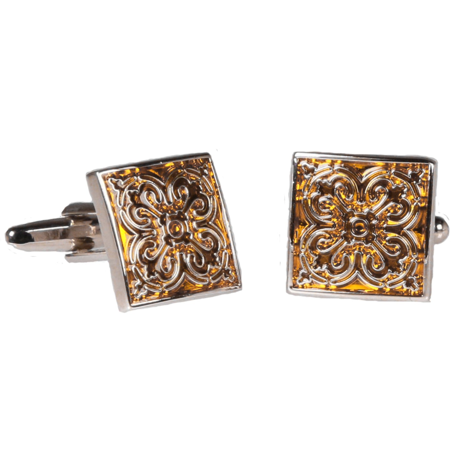 Silvertone Square Geometric Pattern Cufflinks with Jewelry Box