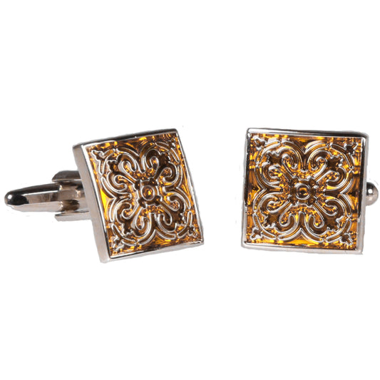 Silvertone Square Geometric Pattern Cufflinks with Jewelry Box