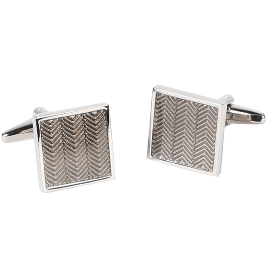 Silvertone Square Geometric Pattern Cufflinks with Jewelry Box