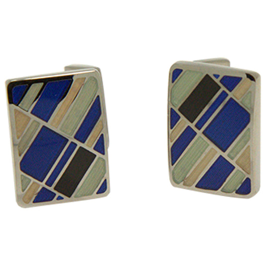 Men’s Silvertone Square Blue Retro Pattern Cufflinks
