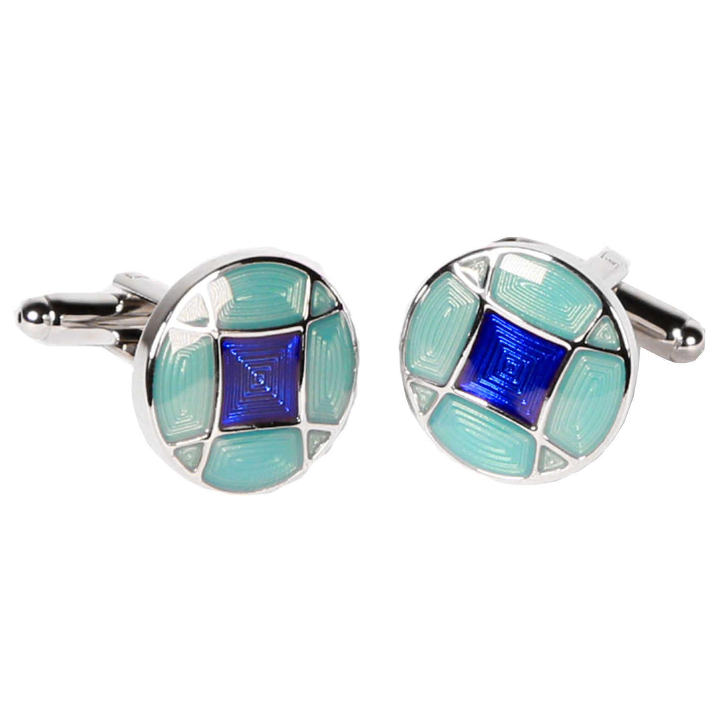 Silvertone Circle Blue Gemstone Cufflinks with Jewelry Box