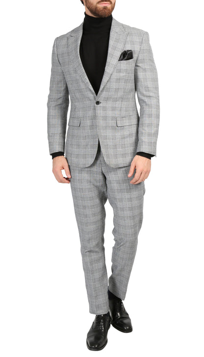 Conrad Skinny Slim Fit Grey 2pc Glen Plaid Peak Lapel Suit