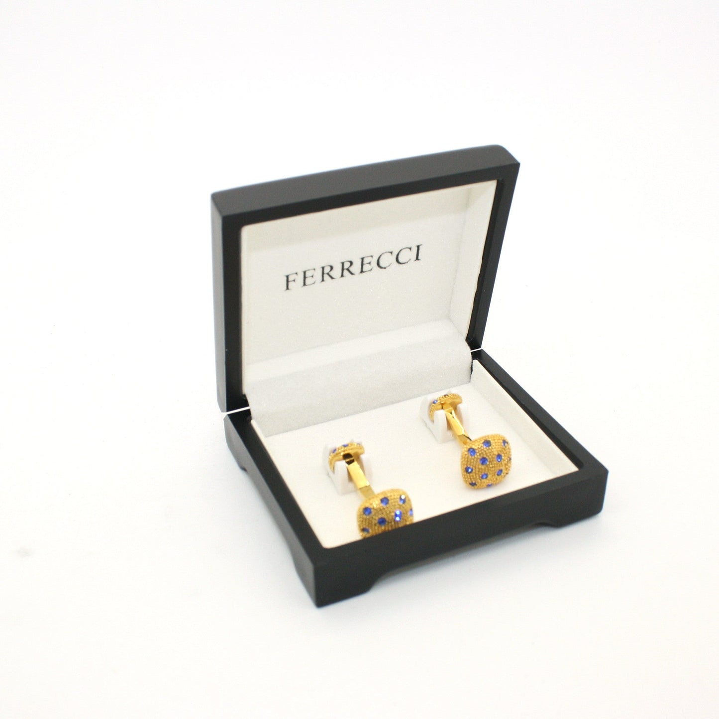 Goldtone Blue Gemstone #2 Metal Cuff Links With Jewelry Box