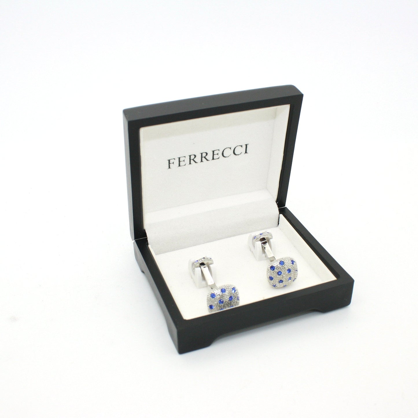 Silvertone Blue Gemstone Metal Cuff Links With Jewelry Box