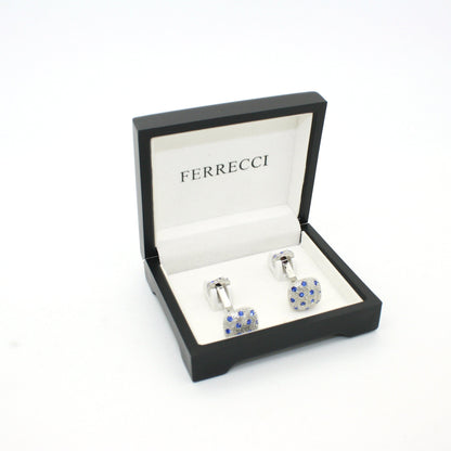 Silvertone Blue Gemstone Metal Cuff Links With Jewelry Box